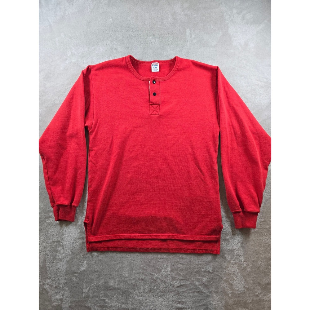 Vintage‎ Henley Shirt M Fit S Red Jerzees Russell Long Sleeve Made In USA